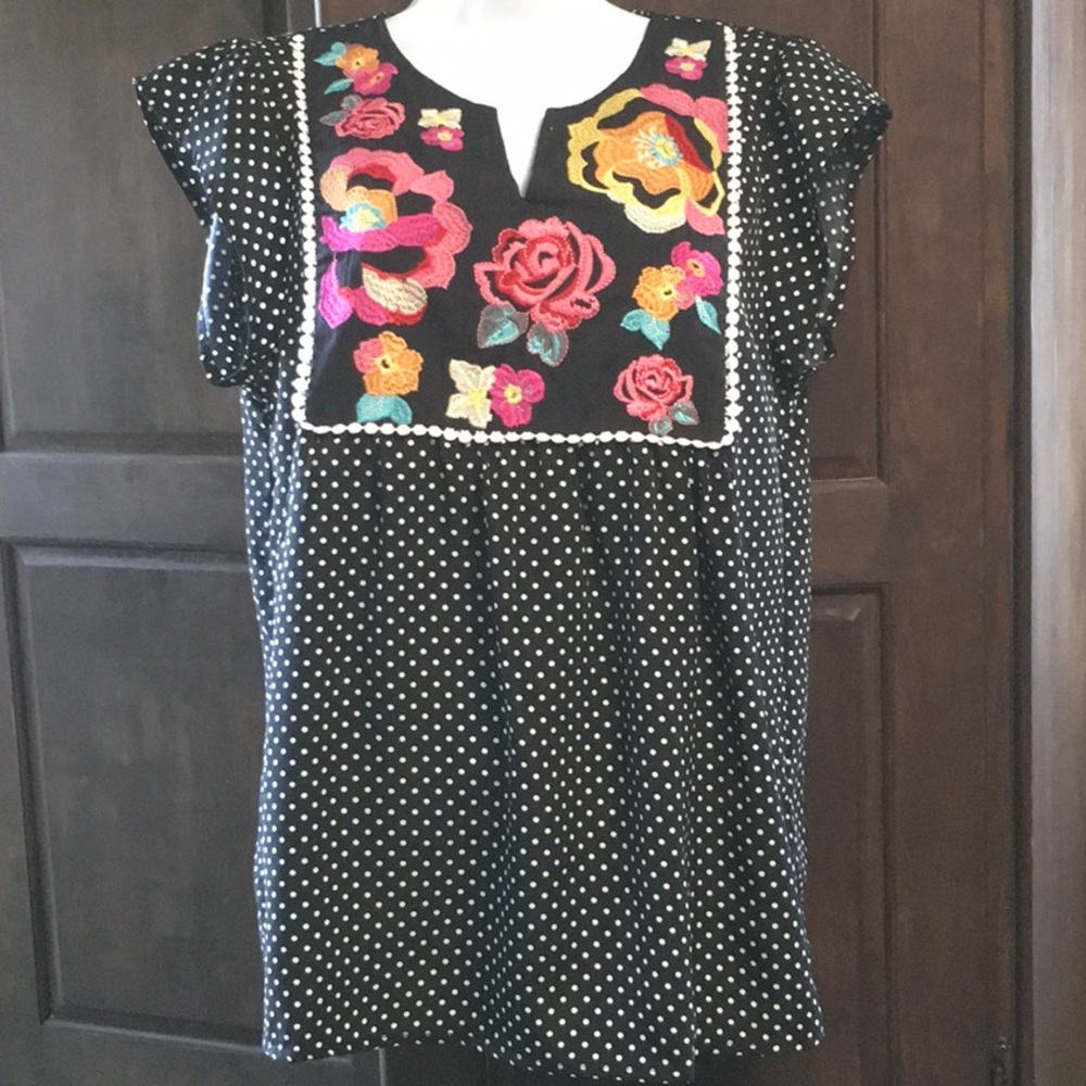 Polka Dot Top With Embroidery and PomPom Detail